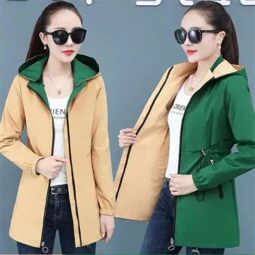 2021 Autumn Womens Jacket Two Side Wear Hooded Coat Long Sleeve Causal Windbreaker Famale Zipper Pocket Outwear Plus Size 4XL