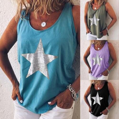 Womens Casual Five Pointed Star Print Tank Tops Vest Summer Female Sleeveless Loose Casual Tank Tops Camisole Plus Size M-3XL
