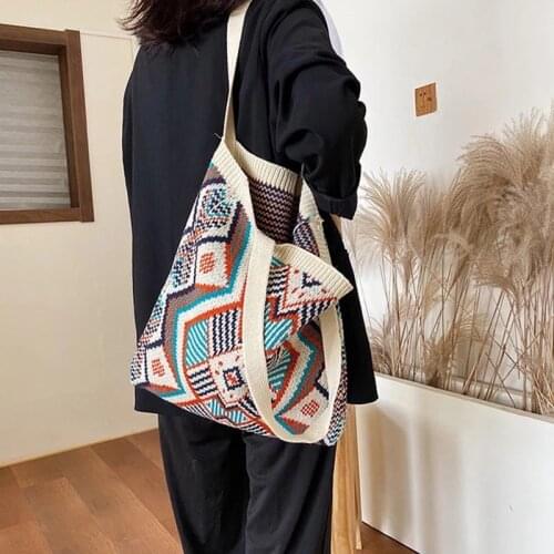 Retro Pattern Boho Chic Crochet Weave Casual Shoulder Bag for Women 2021 Female Tote Knitting Bag Daily Large Capacity Handbag