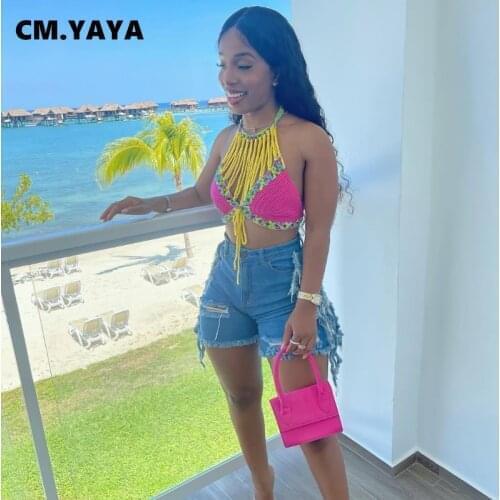 CM.YAYA Women Jeans Solid Ripped Hole Tassel Zip Pocktets Straight Stretchy Denim Shorts Sexy Fashion Streetwear Summer Trousers