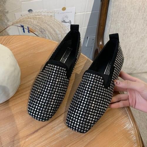 2020 Spring Autumn New Solid Color Simple Shallow Mouth Square Rhinestone Design Flat Shoes Women Casual Wild Slip-On W38-47