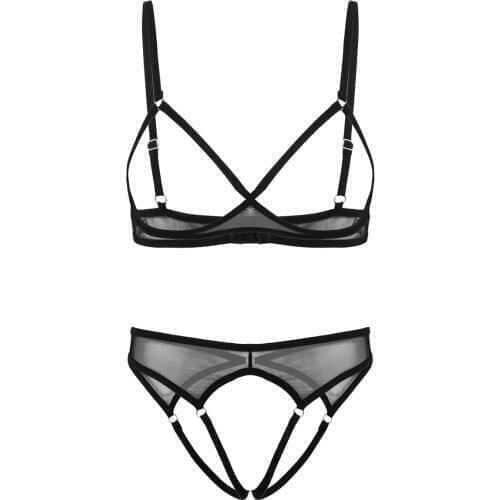 Women Open Cups Bra Crotchless Briefs Erotic See Through Sheer Mesh Lingerie Set Adjustable Straps Open Breast Crotchless Briefs