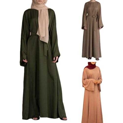 Women Turkey Arab Muslim Eid Abaya Dubai Maxi Dress Flare Long Sleeve Solid Color Islamic Kaftan Hijab Tie Waist Robe