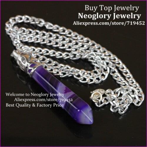 10PCS Natural Purple Stone Gems Long Point Pendulum Pendant,Hexagon Healing Chakra Reiki Quartz Wand Pendulum Pendant Necklace