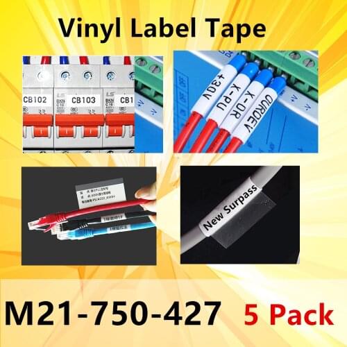5 Pack Label Tape M21-750-427 m21 750 427 Label Ribbon Vinyl Black on White Film for Printer BMP21-PLUS bmp21 LAB 19.1mm*4.27m