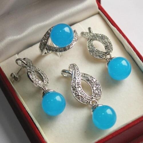 Free Shipping Hot! high qulity new jewelry plated + 12mm blue fine stone bread pendant, earring, , ring set