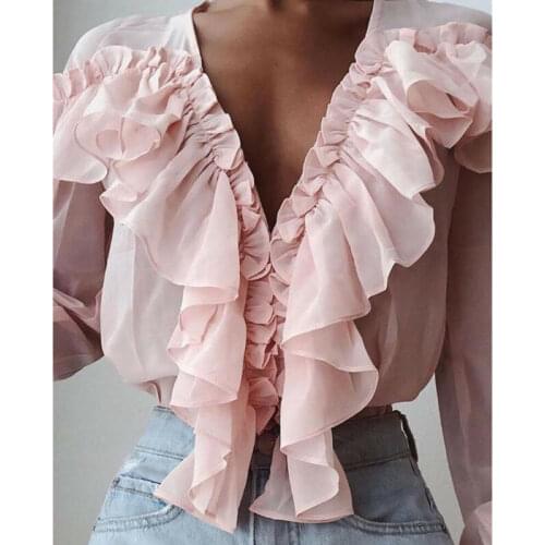 Women Chiffon Solid Color V-Neck Ruffle Trim Blouse Ladies Casual Long Sleeve Top Shirt Loose Female Blusas