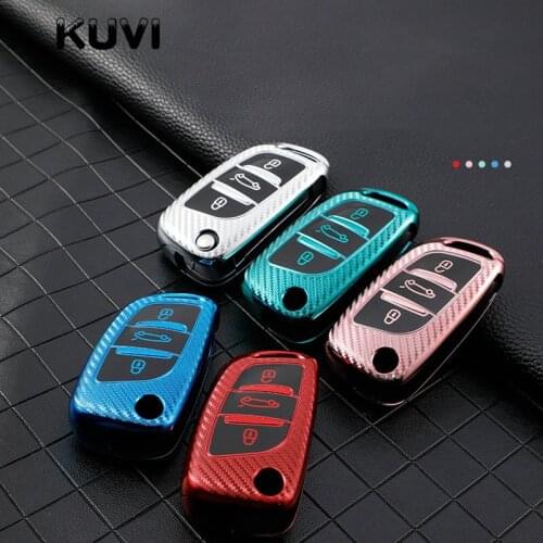 Carbon TPU 3 Button Car Fold Key Case Full Cover For Peugeot Citroen C1 C2 C3 C4 C5 DS3 DS4 DS5 DS6 Auto Key Shell Accessories