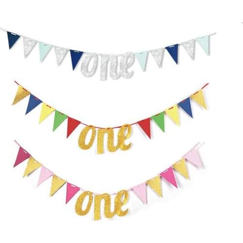 Baby First Birthday Silver Pink Chair Banner ONE Year 1st Birthday Party Decor Boy Girl I AM ONE Hanging Flags Event Supplies