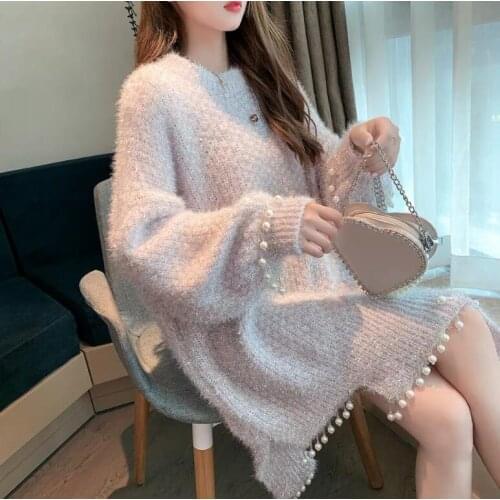 Lazy wind coat western style sweater sweater heavy Pearl Irregular Long Sweater Dress tassel batwing sleeve o-neck Korea