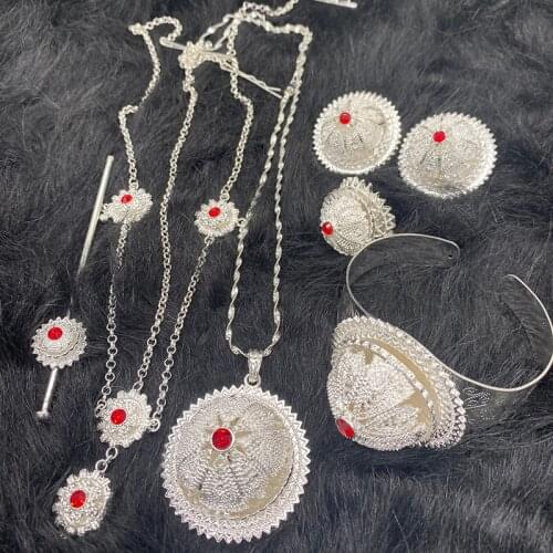 Ethiopian jewelry sets for Women Silver Habesha collares Jewelry with Hairpin Hair Barrette African Earring Ring wedding Gift