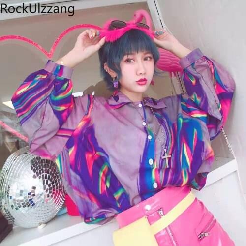 Women Summer Windbreaker Violet Contrast Tie Dye Print Sun Blouse Streetwear Harajuku Top Loose Shirt Korean Vintage Blusas Punk