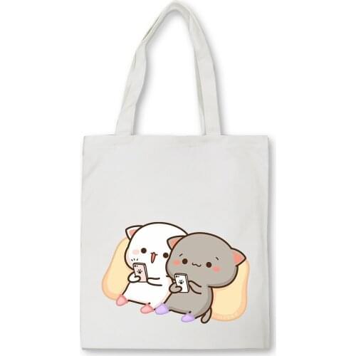 Harajuku Cute Cartoon Shopping Black Bags Canvas Tote Bag Vintage Reusable Cloth Totes Handbag Shoulder Package Foldable Ulzzang