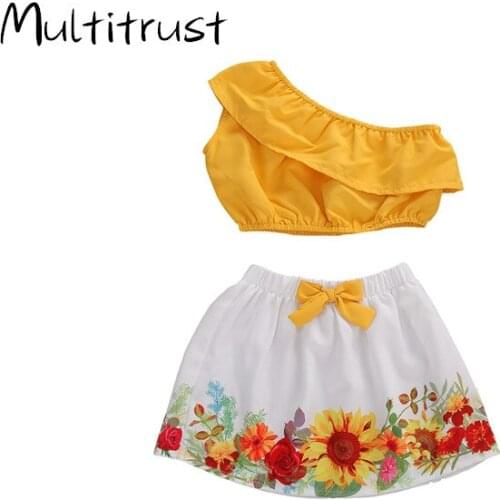 Multitrust Toddler Baby Girls Summer Outfits One Shoulder Ruffle Crop Tops + Sunflower Skirt 2Piece Clothes Set Size 1-4Y
