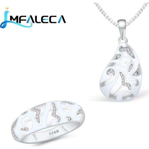 LMFALECA 925 Silver Jewelry Set for Women White Enamel Totem Charm Ring Necklace Pendant Box Chain Fine Jewellry