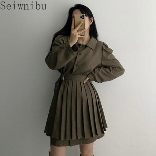 Fashion Women Shirt Dress Two Piece Set Chic Autumn Long Sleeve Army Green Lace Up Belt Blouses +Pleated Mini Skirts Suit