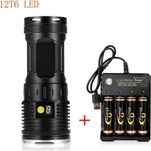 New Waterproof Power Display LED Flashlight 6000 Lumens 12 x XML T6 4 ModesTorch Lamp with 4x18650 Battery + USB Charger
