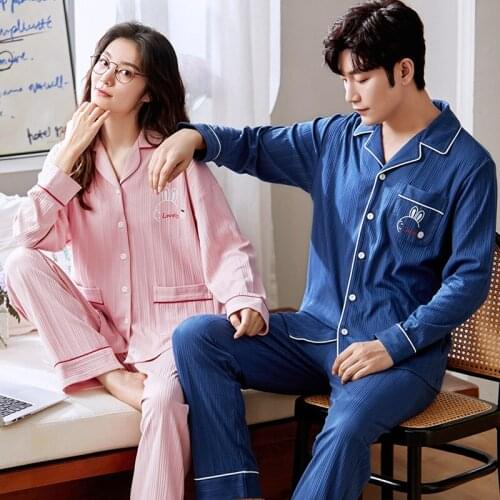 Cotton Lovely Bunny Couple Sexy V-neck Cartoon Sleepwear Cotton Long Sleeve Couple Winter Pajamas Set Cute Pink Womens Homewear