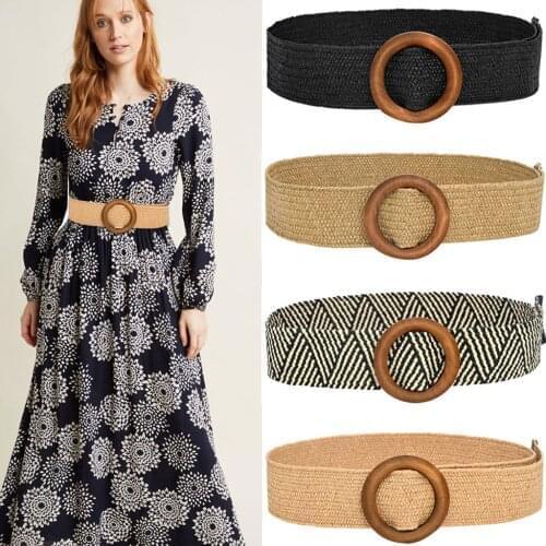 Vintage Boho Braided Waist Belt Summer Solid Female Belt Round Wooden Smooth Buckle Fake Straw Wide Belts For Women Hot Sale