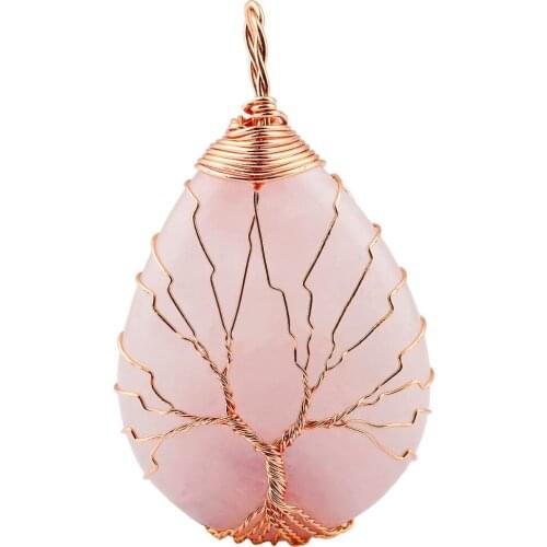 SUNYIK Pink Quartz Crystal Teardrop Gem stone Copper Wire Wrapped Tree of Life Pendant,Healing Jewelry