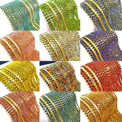 SS10 2.8mm 5yards/lot gold bottom glass crystal Rhinestone Chain,sew on Cup Chains For diy Garment Bags decorations ZLG10
