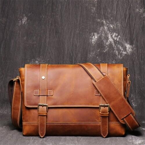 Nesitu High Quality A4 Vintage Brown Thick Durable Genuine Crazy Horse Leather Men Messenger Bags Cross Body Shoulder Bag M1005
