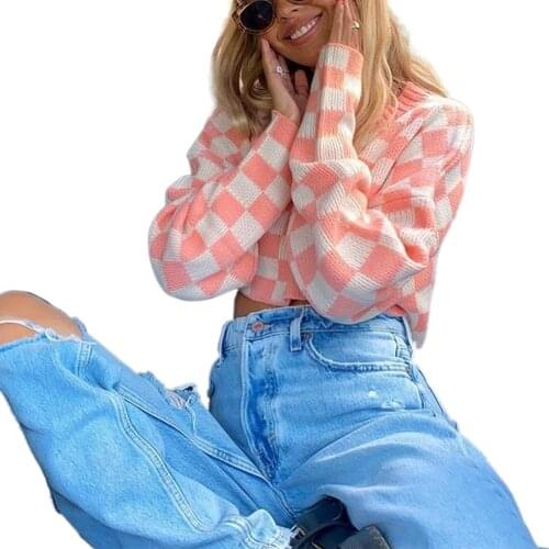 2021 Women’s Casual Long Sleeve Sweater 90s Fashion Contrast Color Plaid Exposed Navel Knitted Pullovers Tops Autumn Clothes