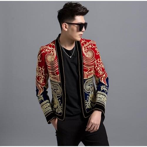 Heavy Wormnanship Embroider And Beads Stage Costumes For Singer DJ Party Club Outfit Luxury Baroque Color Block Blazer Men
