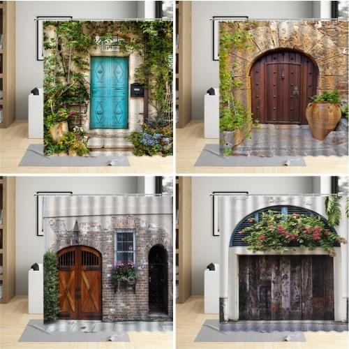Vintage Wooden Door Shower Curtain Town Flower Street View Green Plants Scenery Stone Wall Bathroom Polyester Cloth Curtains Set