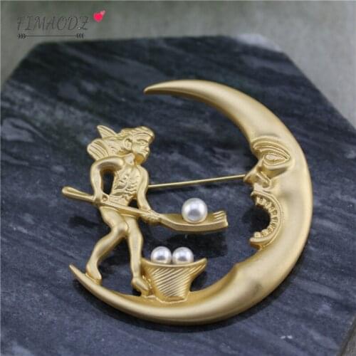 FIMAODZ Vintage Chinese Ancient Mythology Pangu Has Created A World Moon Brooches Pins For Men And Women Full Pearl Jewelry