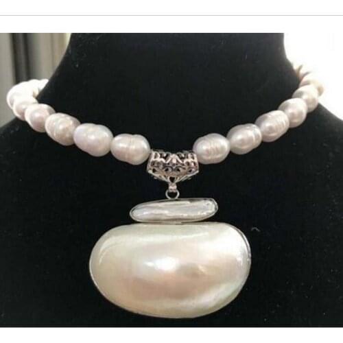 Jewelry 17" 10-13mm White Biwa Freshwater Pearl Necklace + shell pendant