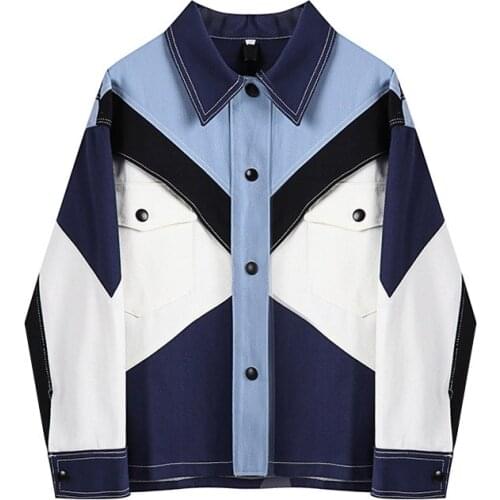 Loose Fit Blue Conrtast Color Big Size Denim Jacket New Lapel Long Sleeve Women Coat Fashion Spring Autumn 2021