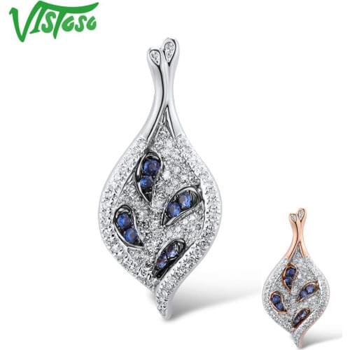 VISTOSO Gold Pendant For Women Genuine 14K 585 Rose White Gold Sparkling Diamond Blue Sapphire Delicate Wedding Fine Jewelry