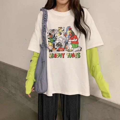 Womens T-shirts Tops Japanese Kawaii Ulzzang Casual Loose Ins Retro Print Lazy T-shirt Female Korean Harajuku Clothes For Women