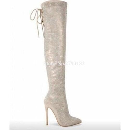 Bling Bling Women Charming Rhinestone Pointed Toe Spike Thin Heel Over Knee Boots Luxury Crystal High Heel Long Boots