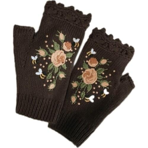 Women Winter Crochet Knitted Fingerless Gloves Sweet Colorful Floral Bee Embroidery Thumbhole Texting Mittens Arm Warmer