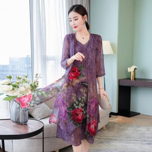 2 Pieces Sets Women Dresses Silk-Blend Floral Print Cardigan Loose Outwear+Tank Dress V Neck Women Summer Elegant Twinset Purple