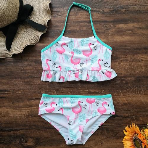 3-12 Years Kids Swimwear Flamingo Print Girl Swimsuit Halter Top Girl Bikini Set Falbala 2 Piece Childrens Swimwear Beachwear