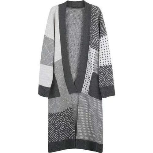 2020 Spring Autumn Women Lazy knee-high Knitted Cardigan Loose contrast Color jacquard Literary Long Sweater Coat m592