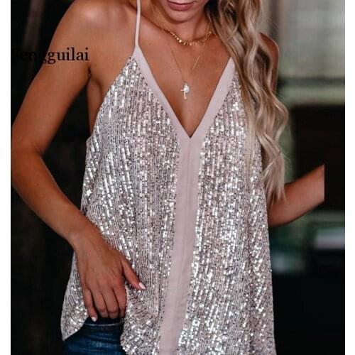 2020 Summer Women Tank Top Sleeveless Sexy tops Spaghetti Strap Silver Sequin Camisole Vest