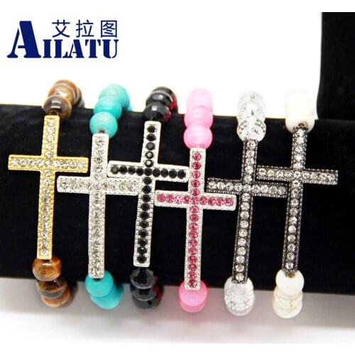 Ailatu Religion Jewelry 8mm Stone Beads Rhinestone Sideways Cross Bracelet