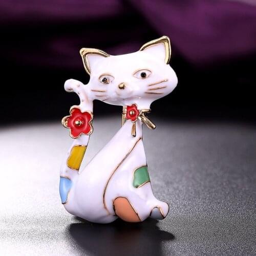 Zlxgirl jewelry white and black colorful cat brooches jewelry For Women Men Animal Hijab Pin Coat Collar cartoon scarf pins