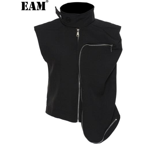 [EAM] Women Loose Fit Black Irregular Zipper Casual Vest New Stand Collar Sleeveless Fashion Tide Spring Summer 2021 1DE1173