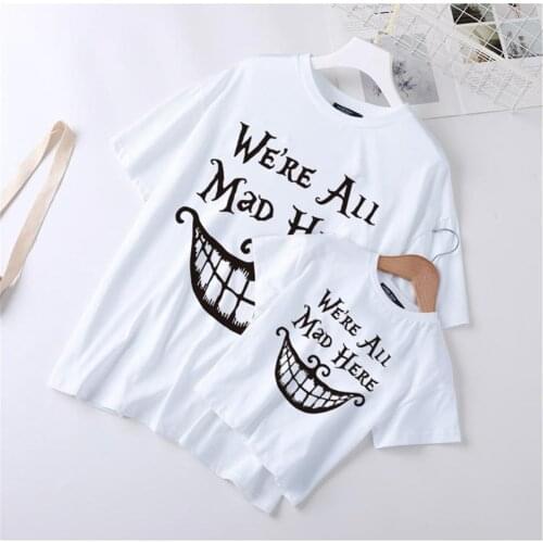 WE ALL MAD HERE Letter Printed T Shirts For Kids Boys Girls Family Summer Matching Clothes Alice In Wonderland Cartoon Cute Tops