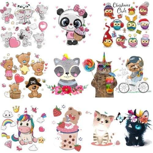 Ironing On Cute Animal Bear Owl Heat Transfer For Clothing Cartoon Cat Transfers For Clothes Appliques Stickers For DIY T-shirt