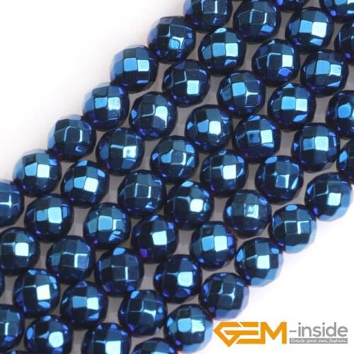 4/6/8/9/11/14mm Blue Metallic Coated Faceted Round Hematite Beads No Magnetic For Jewelry Making Strand 15 Inches DIY Wholesale