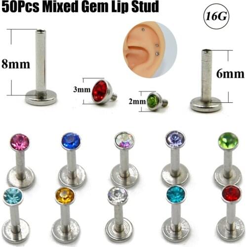 50Pcs Stainless Steel Internally Thread Flat CZ Gem Labret Lip Piercing Stud Ring Monroe Body Jewelry Retainers Mixed Gem 16g