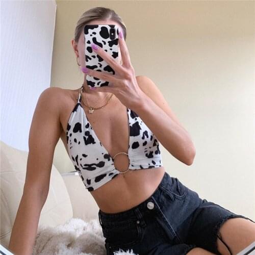 Womens Sexy Summer Cow Print Crop Tops Y2K V-Neck Sleeveless Sling Halter Vest with Metal Ring for Girls Streetwear