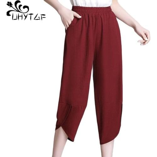 UHYTGF Summer Pants Womens Fashion Pockets High Waist Casual Soft Comfortable Cotton Thin Pants Female Plus Size Trousers 2162