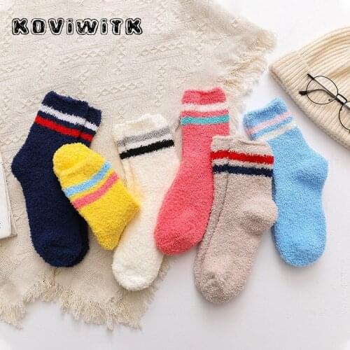 Fashion striped Coral fleece Women Cotton Thicken Socks lady Casual short sock female Fluffy girls Breathable Warm Harajuku sox